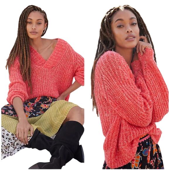 Anthropologie Sweaters - ANTHROPOLOGIE Women’s Honore Vneck Popover Coral Sweater Small XS